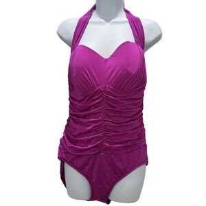 Pink Ruched One Piece Swimsuit Women Halter Sweetheart Tummy Control Size 14